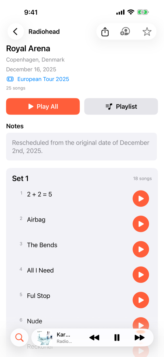 SetListr showing a Radiohead concert setlist with song list, Play All and Playlist buttons