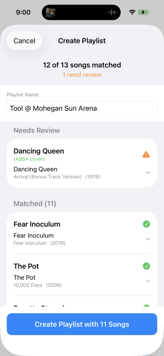 SetListr creating an Apple Music playlist from a concert setlist